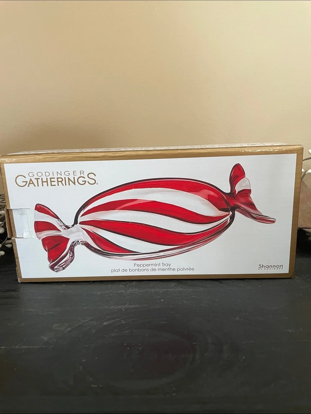 NIB Godinger Gatherings Red Peppermint Candy Swirl Glass Serving Dish 9”x4.5”